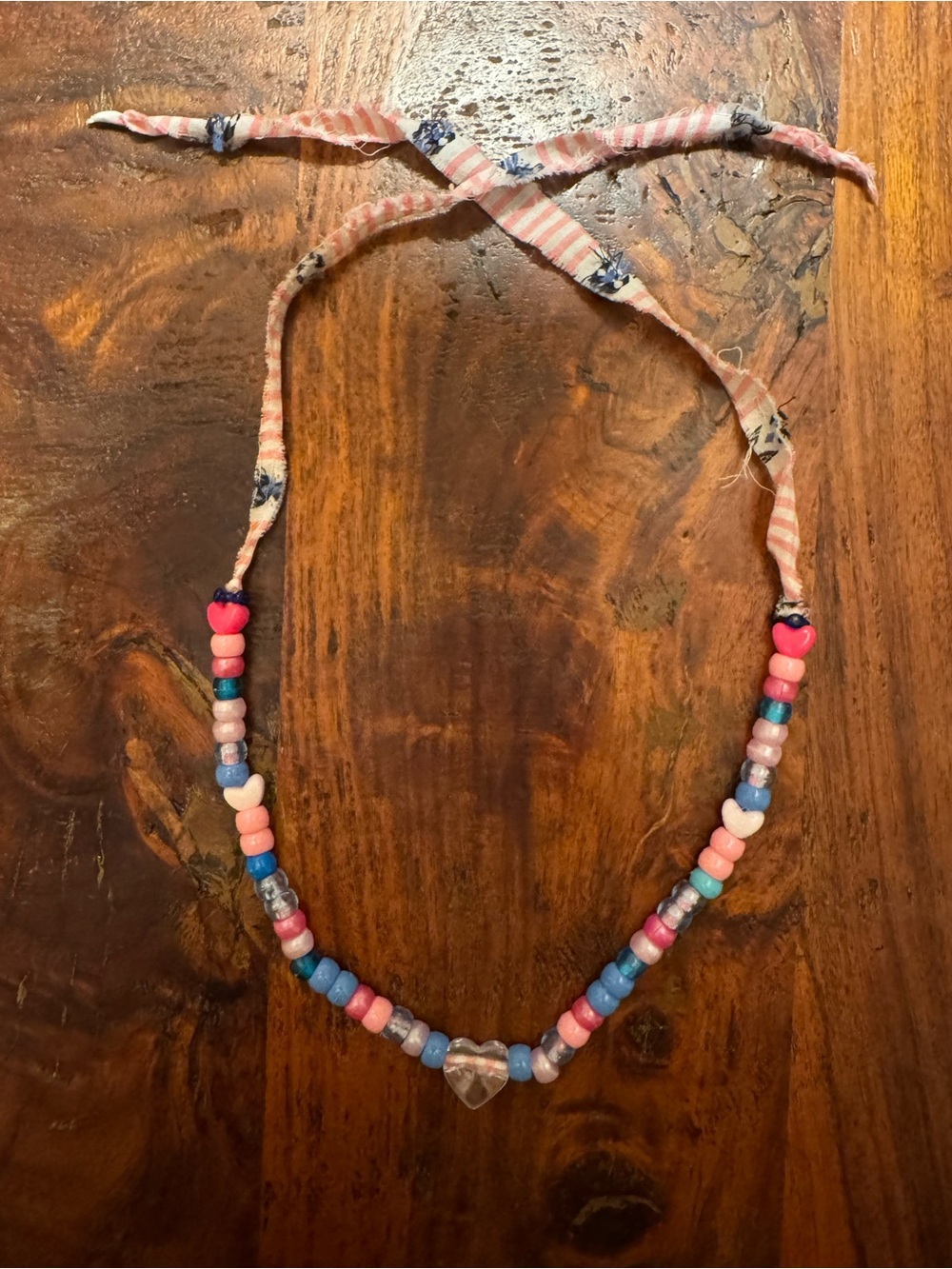 Handmade Beaded Bandanna Necklace with Heart Charm - Pink & Blue